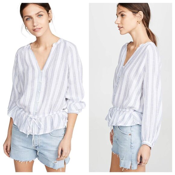 Rails Marti Cayman Stripe Blouse Lightweight Linen Button Up Tie Waist Size S - Picture 1 of 16